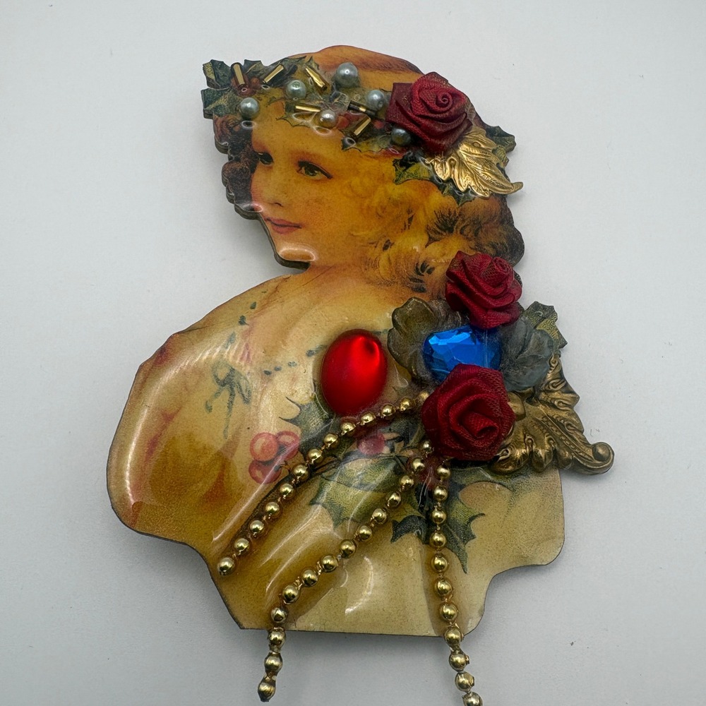 Vintage Creations by Frances Girl Christmas Brooch Handcrafted in USA Scrap Art